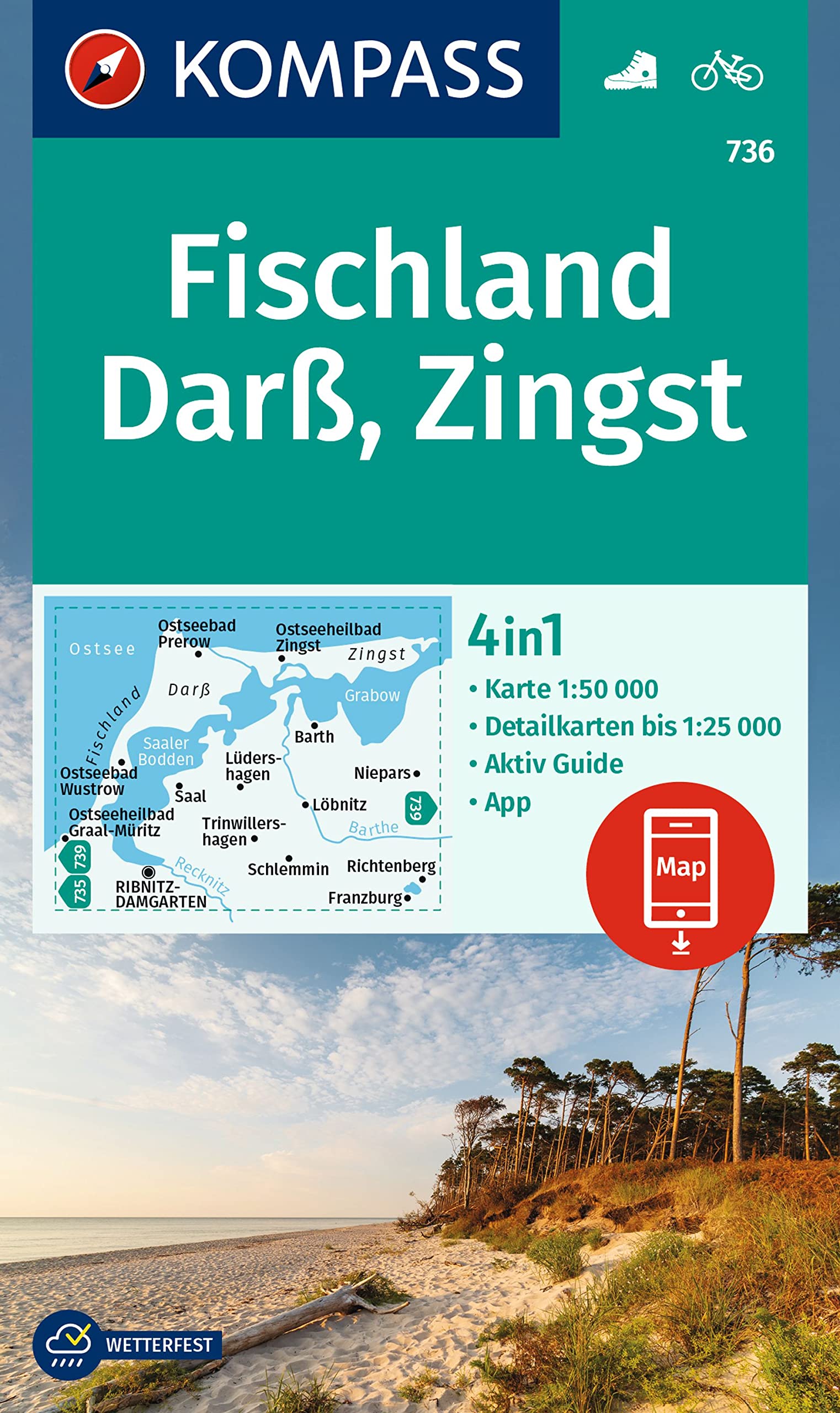 Online bestellen: Wandelkaart 736 Fischland - Darß - Zingst | Kompass