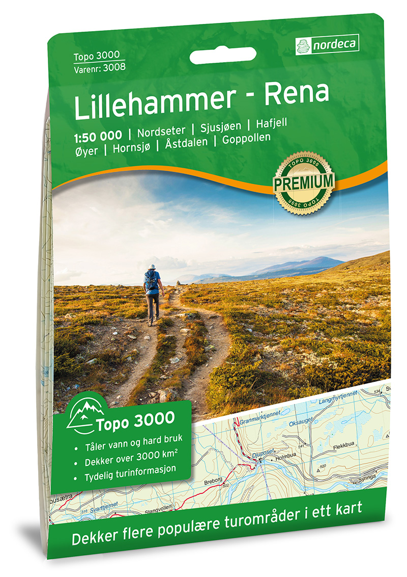 Online bestellen: Wandelkaart 3008 Topo 3000 Lillehammer - Rena | Nordeca