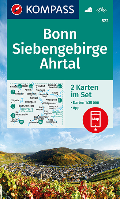 Online bestellen: Wandelkaart - Fietskaart 822 Bonn - Siebengebirge - Ahrtal | Kompass