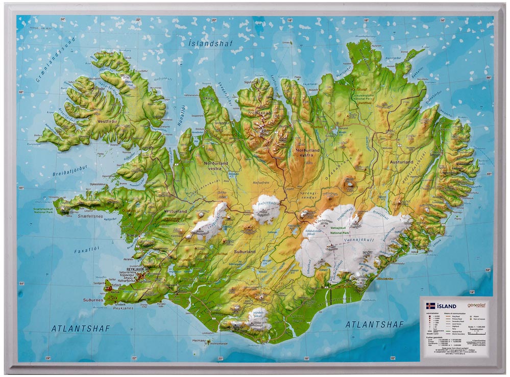 Online bestellen: Wandkaart - Reliëfkaart IJsland met voelbaar 3D reliëf 42 x 30 cm | GeoRelief