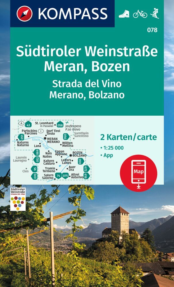 Online bestellen: Wandelkaart 078 Südtiroler Weinstraße, Meran, Bozen | Kompass
