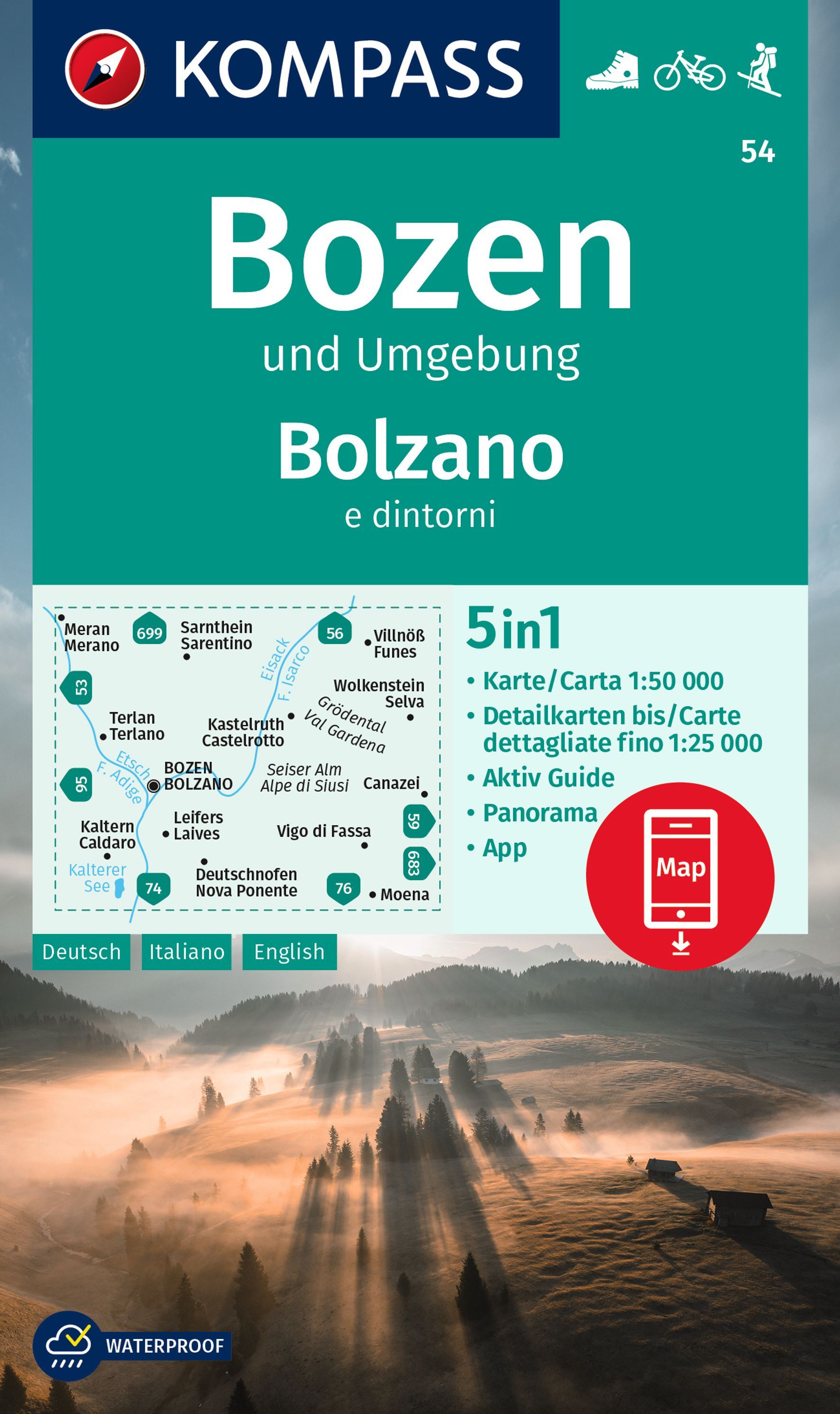 Online bestellen: Wandelkaart 54 Bozen/Bolzano | Kompass