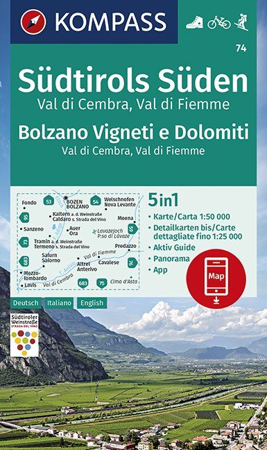 Online bestellen: Wandelkaart 74 Südtirols Süden - Bolzano Vigneti e Dolomiti | Kompass