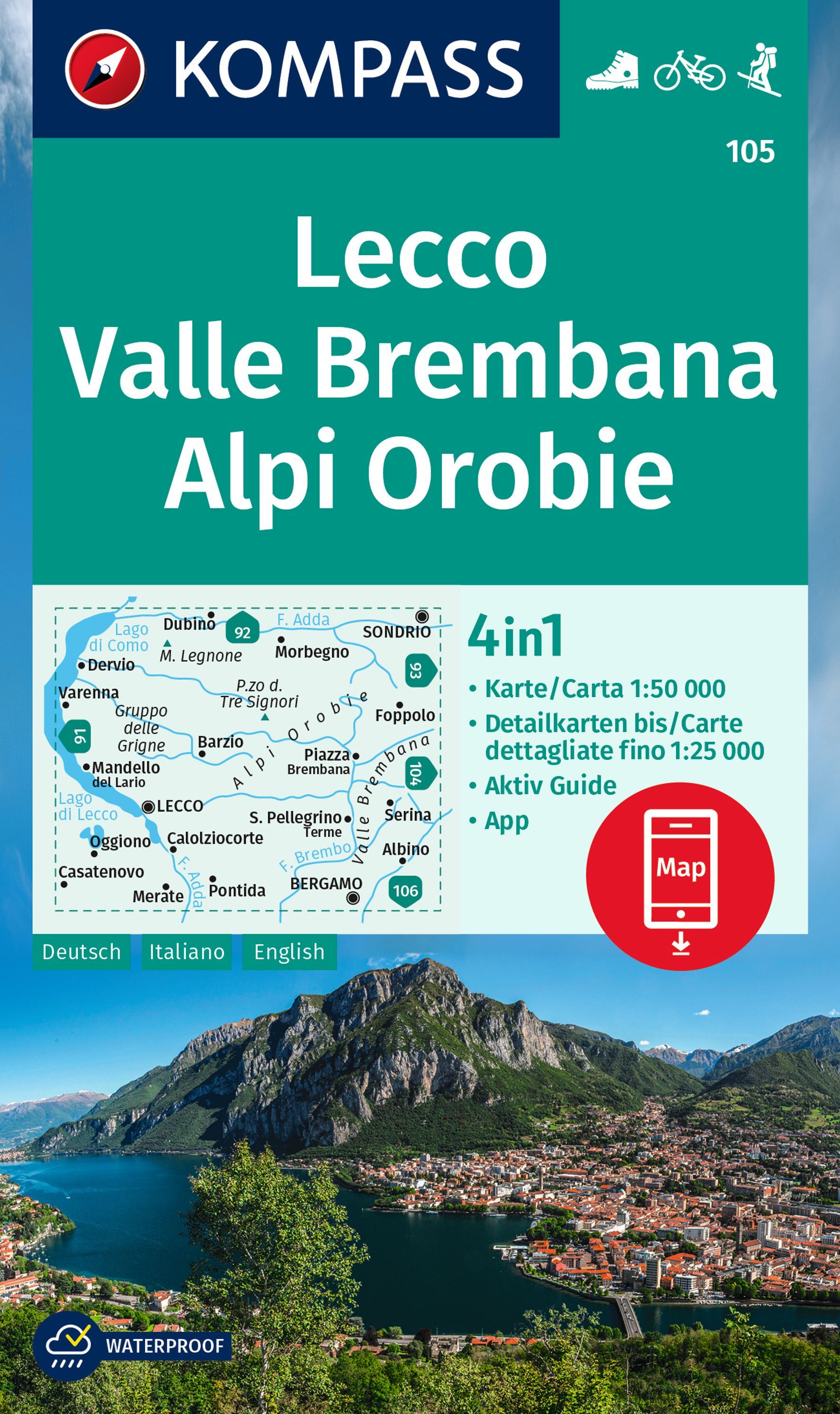 Online bestellen: Wandelkaart 105 Lecco - Valle Brembana | Kompass
