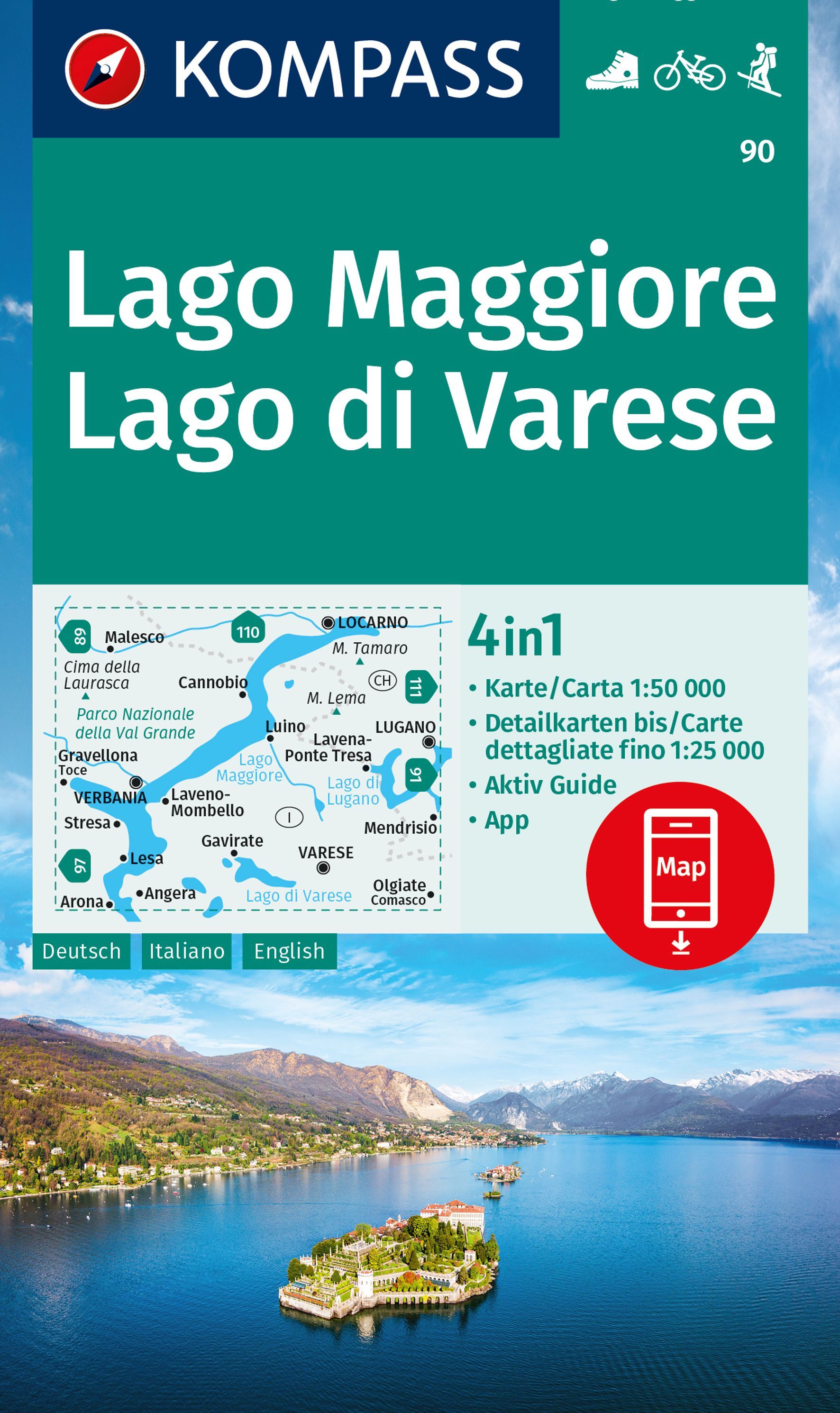 Online bestellen: Wandelkaart 90 Lago Maggiore - Lago di Varese | Kompass