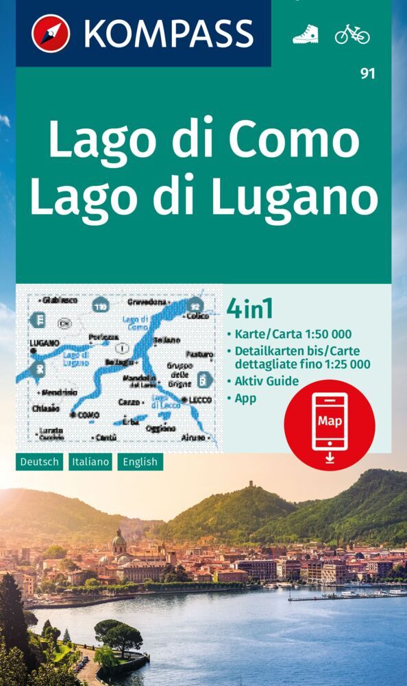 Online bestellen: Wandelkaart 91 Lago di Como - Lago di Lugano | Kompass