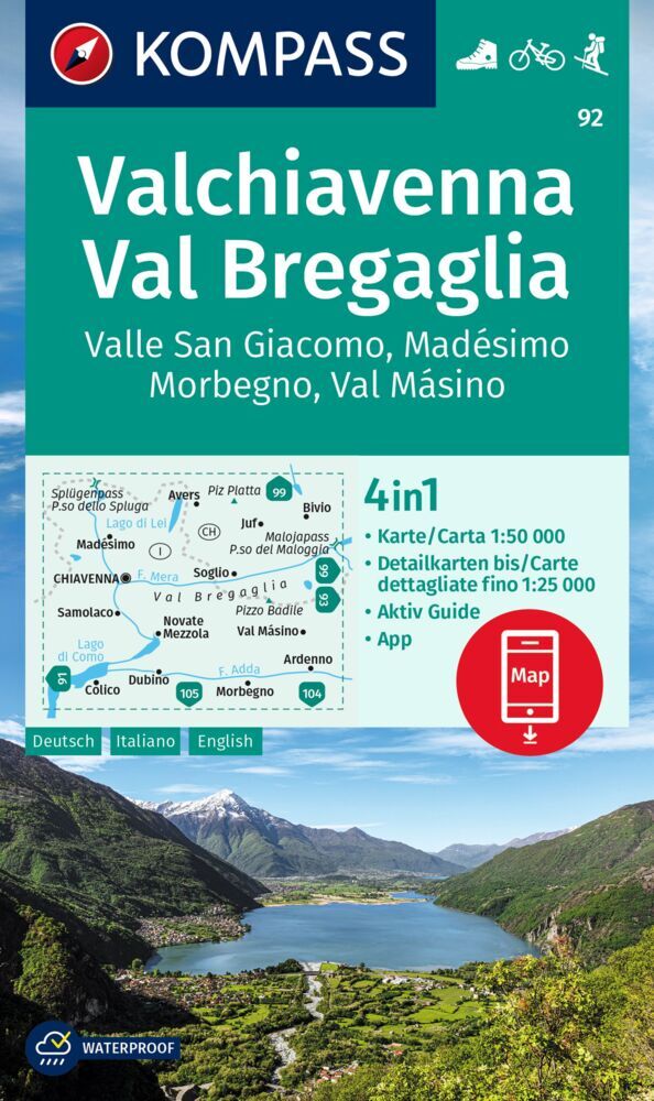 Online bestellen: Wandelkaart 92 Valchiavenna - Val Bregaglia | Kompass