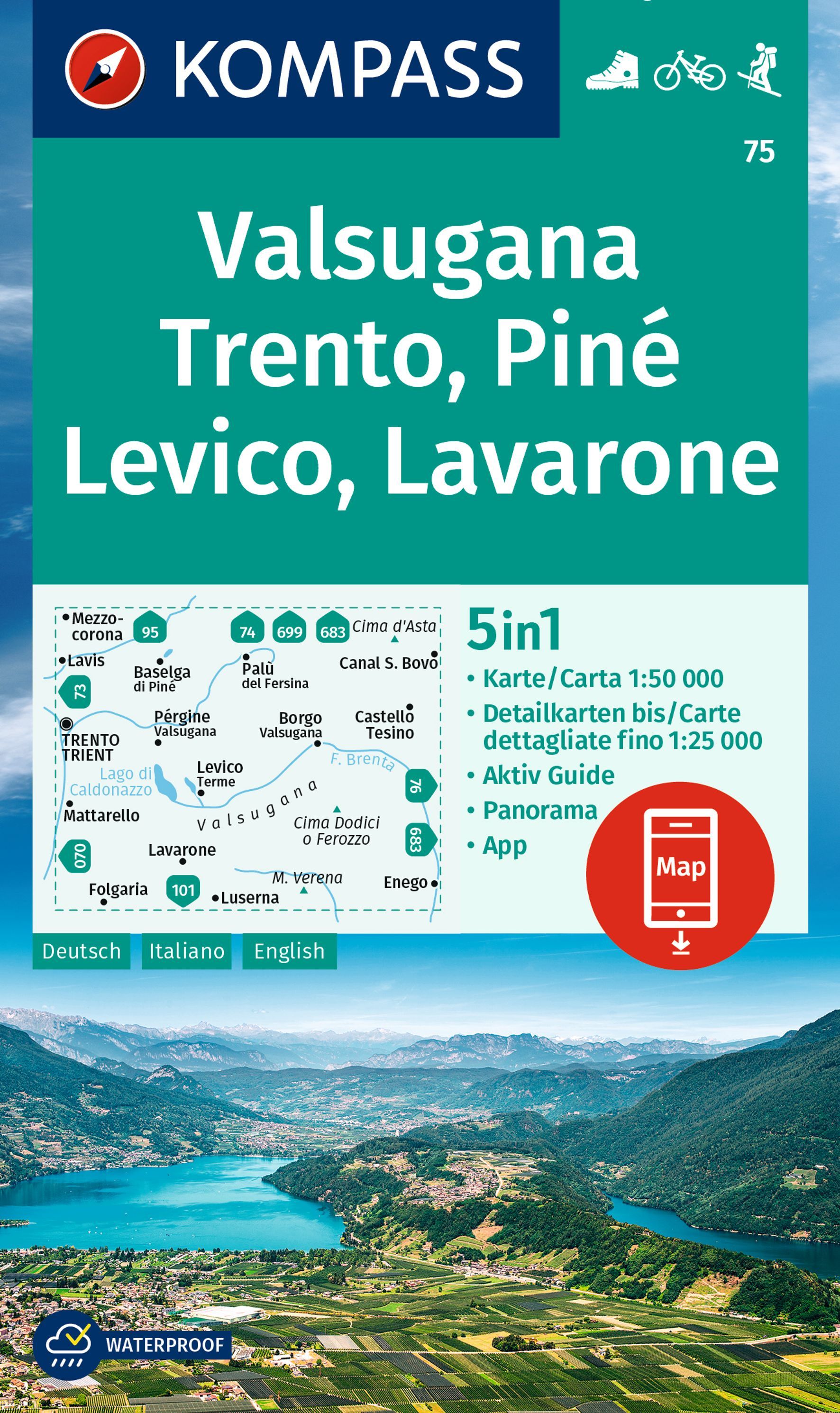 Online bestellen: Wandelkaart 75 Valsugana - Trento - Pine - Lévico - Lavarone | Kompass