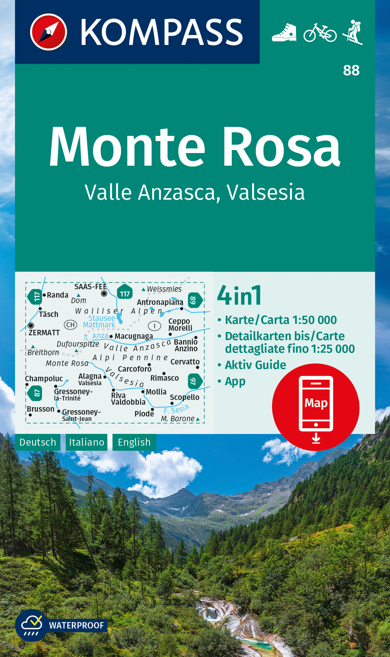 Online bestellen: Wandelkaart 88 Monte Rosa | Kompass