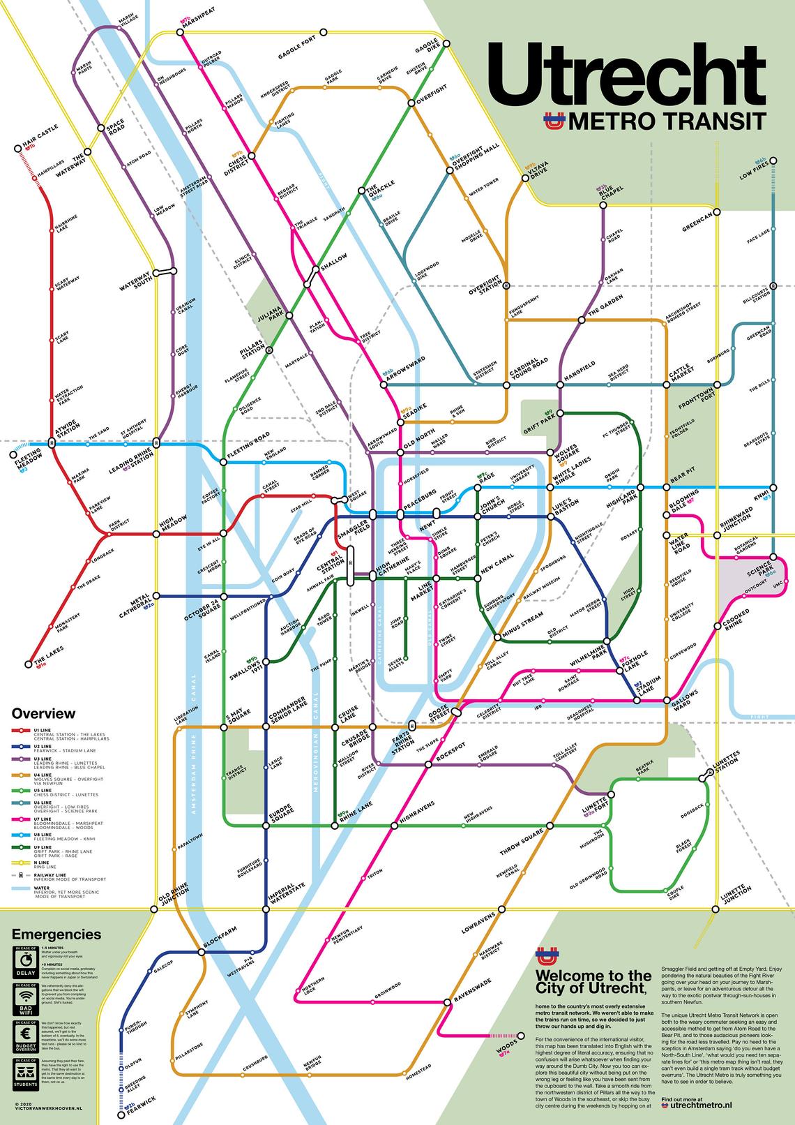 Online bestellen: Wandkaart - Stadsplattegrond Utrecht Metrokaart - Metro Transit Map | Victor van Werkhoven