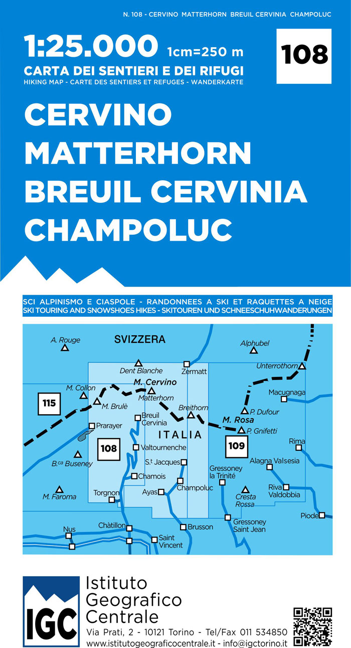 Online bestellen: Wandelkaart 108 Cervino-Matterhorn, Breuil-Cervinia, Champoluc | IGC - Istituto Geografico Centrale