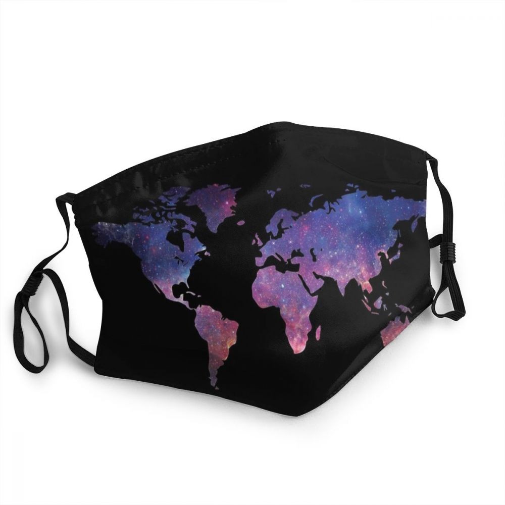 Mondkapje gezichtsmasker met wereldkaart zwart-paars de zwerver