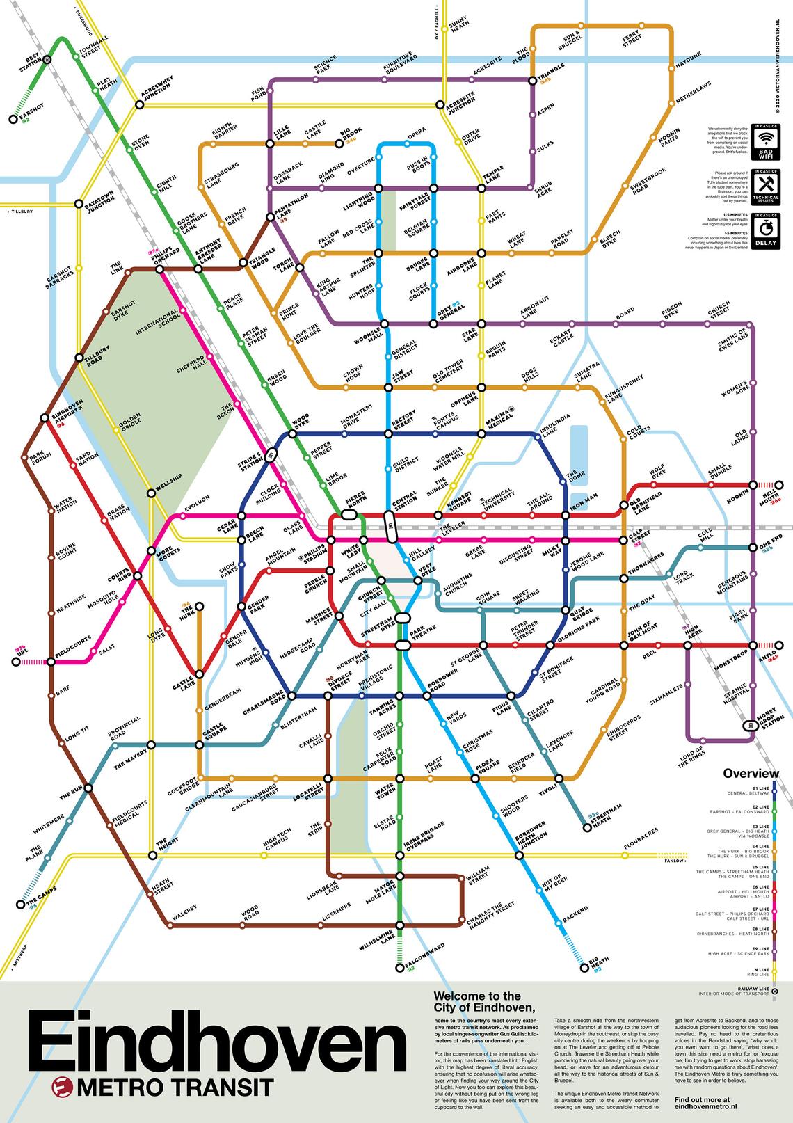 Online bestellen: Wandkaart - Stadsplattegrond Eindhoven Metro Transit Map - Metrokaart | Victor van Werkhoven
