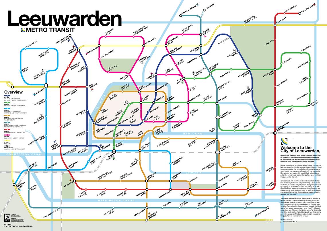 Online bestellen: Wandkaart - Stadsplattegrond Leeuwarden Metro Transit Map - Metrokaart | Victor van Werkhoven