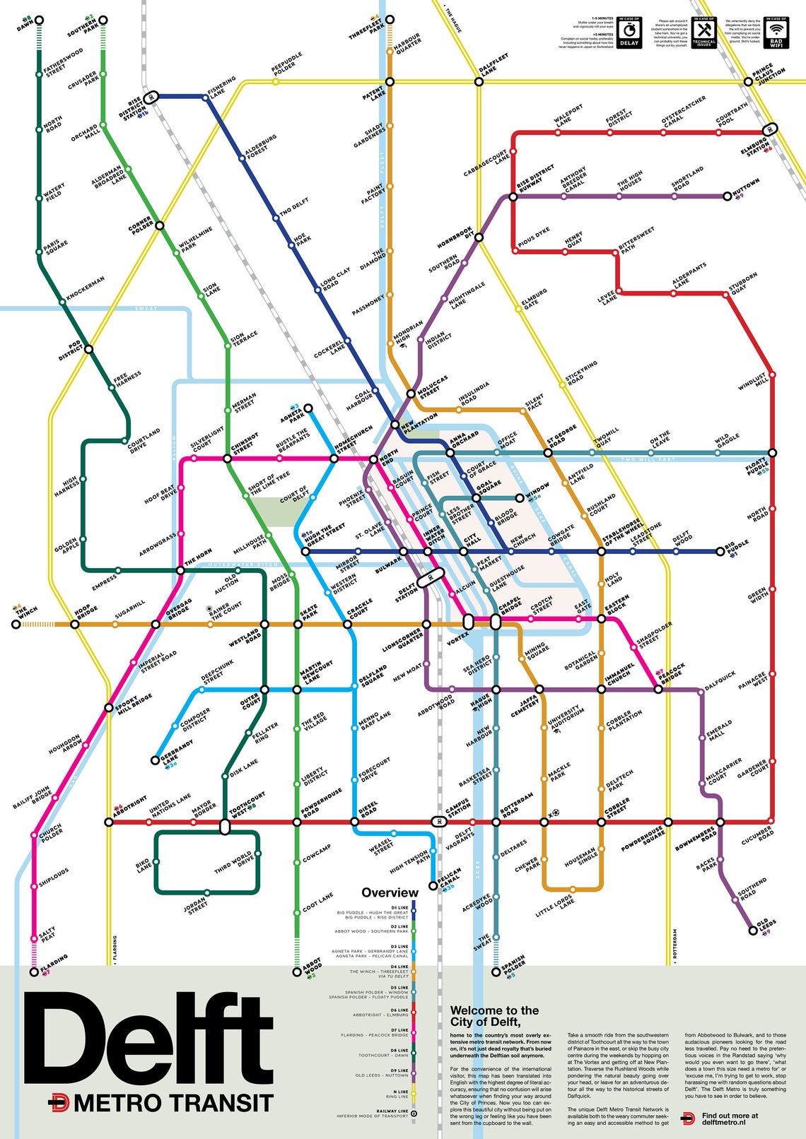 Online bestellen: Wandkaart - Stadsplattegrond Delft Metro Transit Map - Metrokaart | Victor van Werkhoven