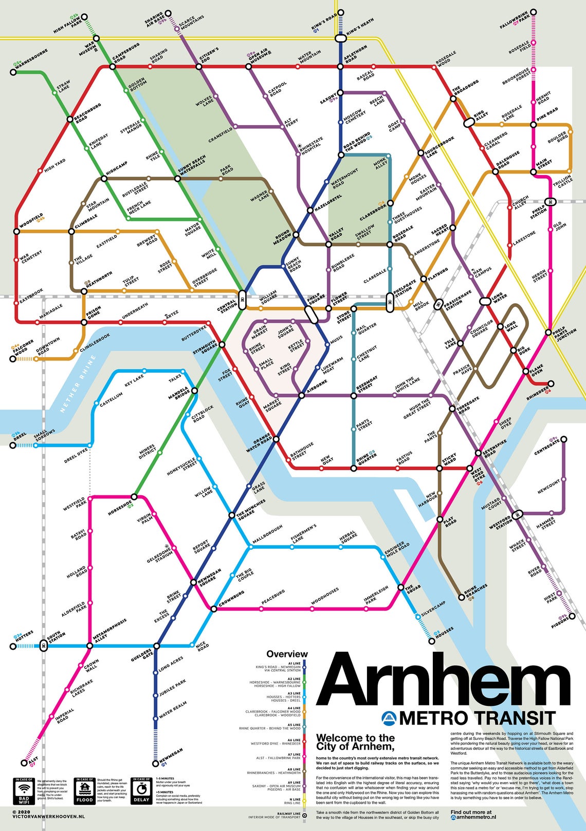 Online bestellen: Wandkaart - Stadsplattegrond Arnhem Metro Transit Map - Metrokaart | Victor van Werkhoven