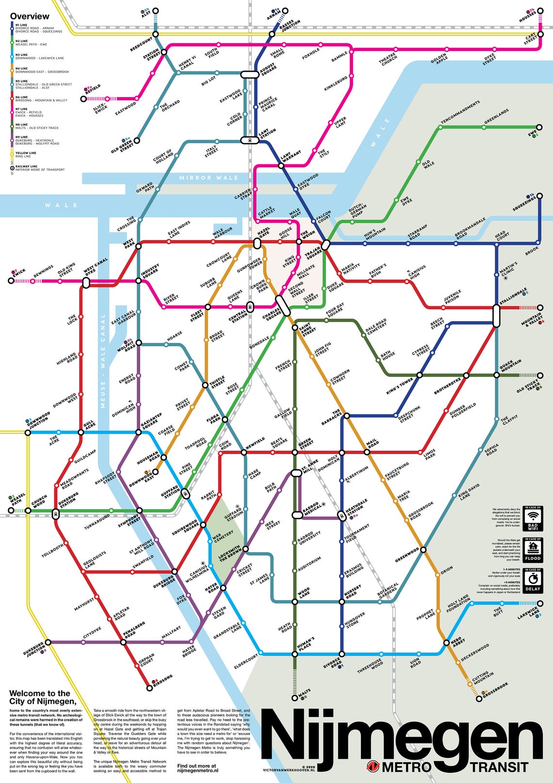 Online bestellen: Wandkaart - Stadsplattegrond Nijmegen Metro Transit Map - Metrokaart | Victor van Werkhoven