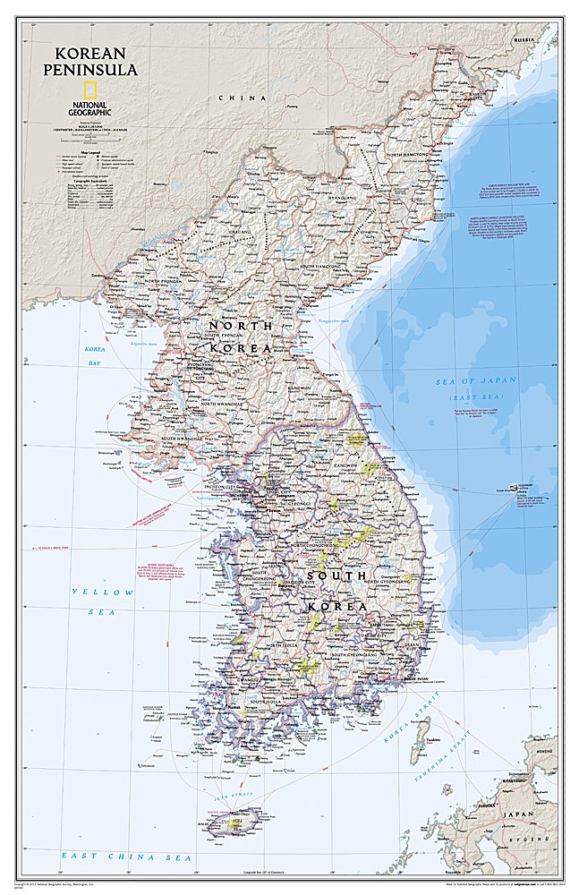 Online bestellen: Wandkaart Korean Peninsula Noord- en Zuid Korea, 59 x 91 cm | National Geographic