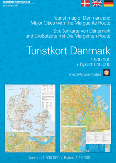 Online bestellen: Wegenkaart - landkaart Turistkort Danmark med Margueritruten + bykort - Margrietroute | Scanmaps