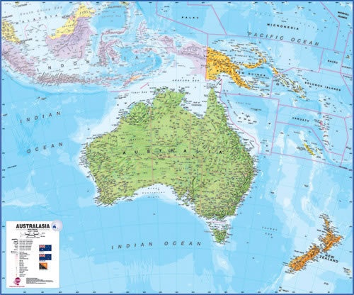 Wandkaart Australasia, Australië, Nieuw Zeeland en deel Oceanië, geplastificeerd met strips | Maps International | 