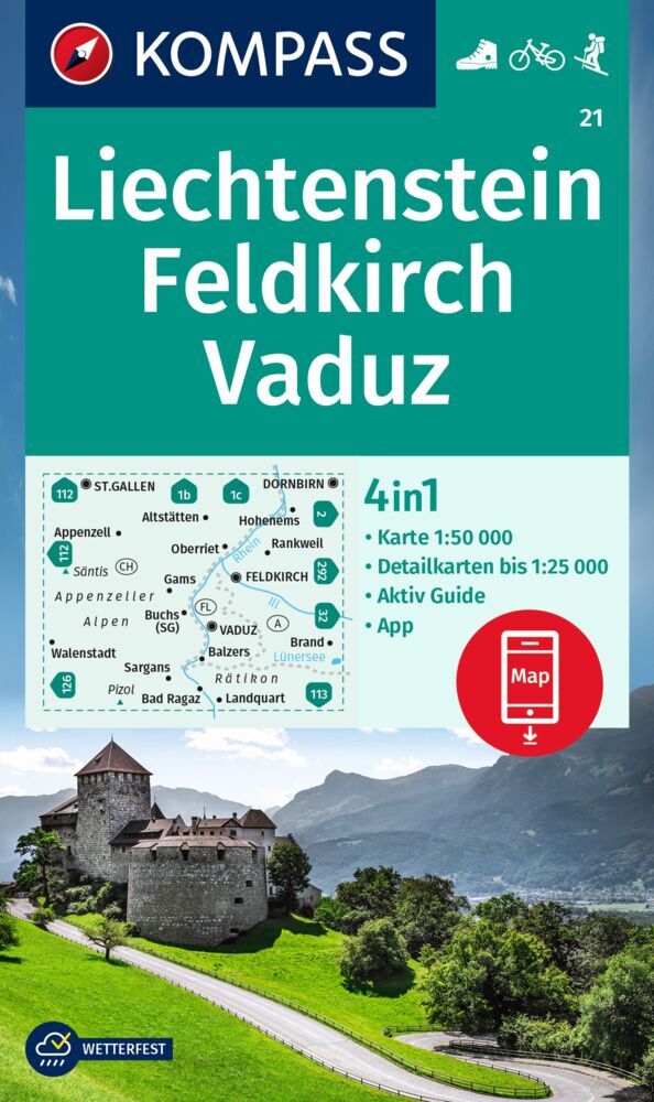 Online bestellen: Wandelkaart 21 Liechtenstein - Feldkirch - Vaduz | Kompass