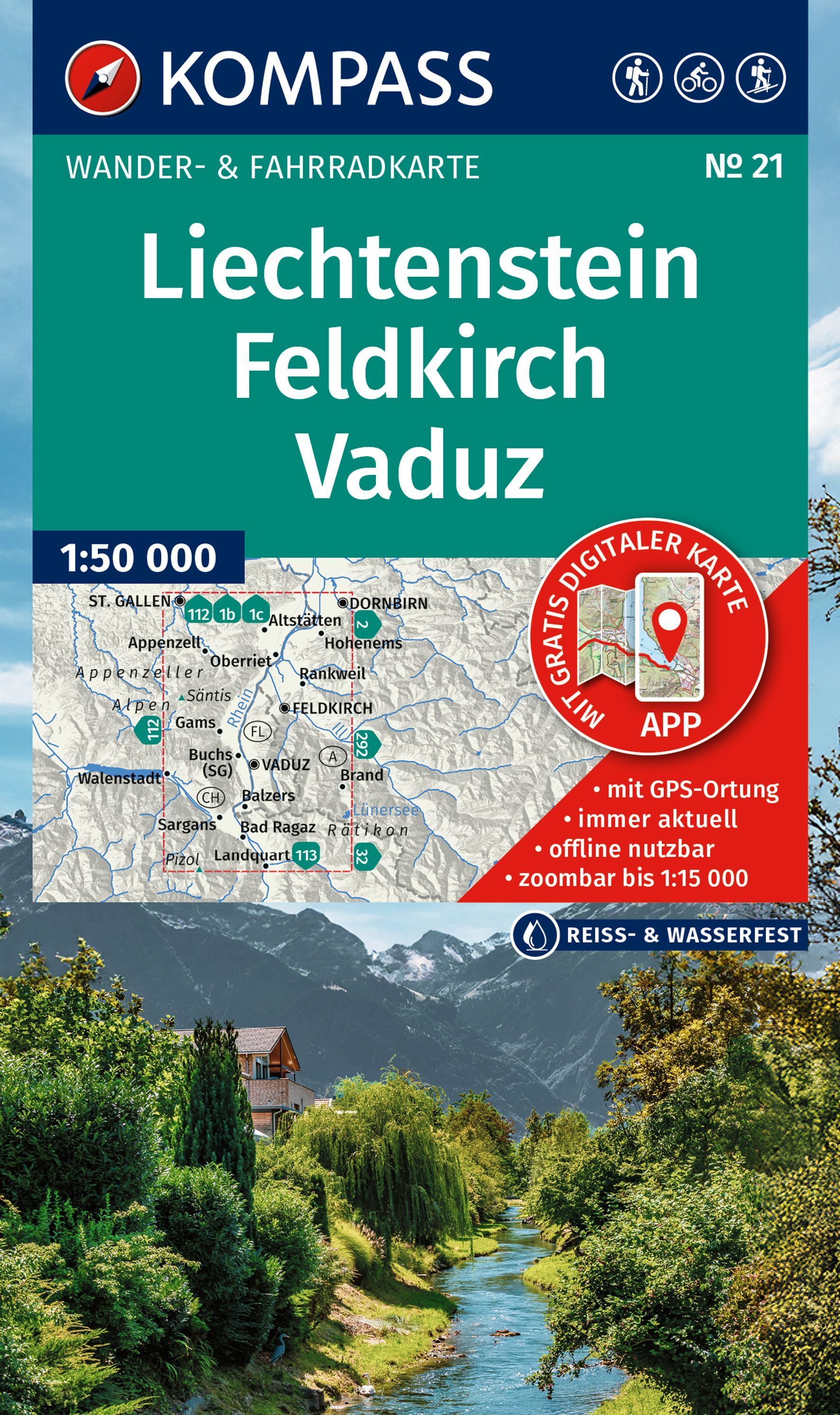 Wandelkaart 21 Liechtenstein - Feldkirch - Vaduz | Kompass
