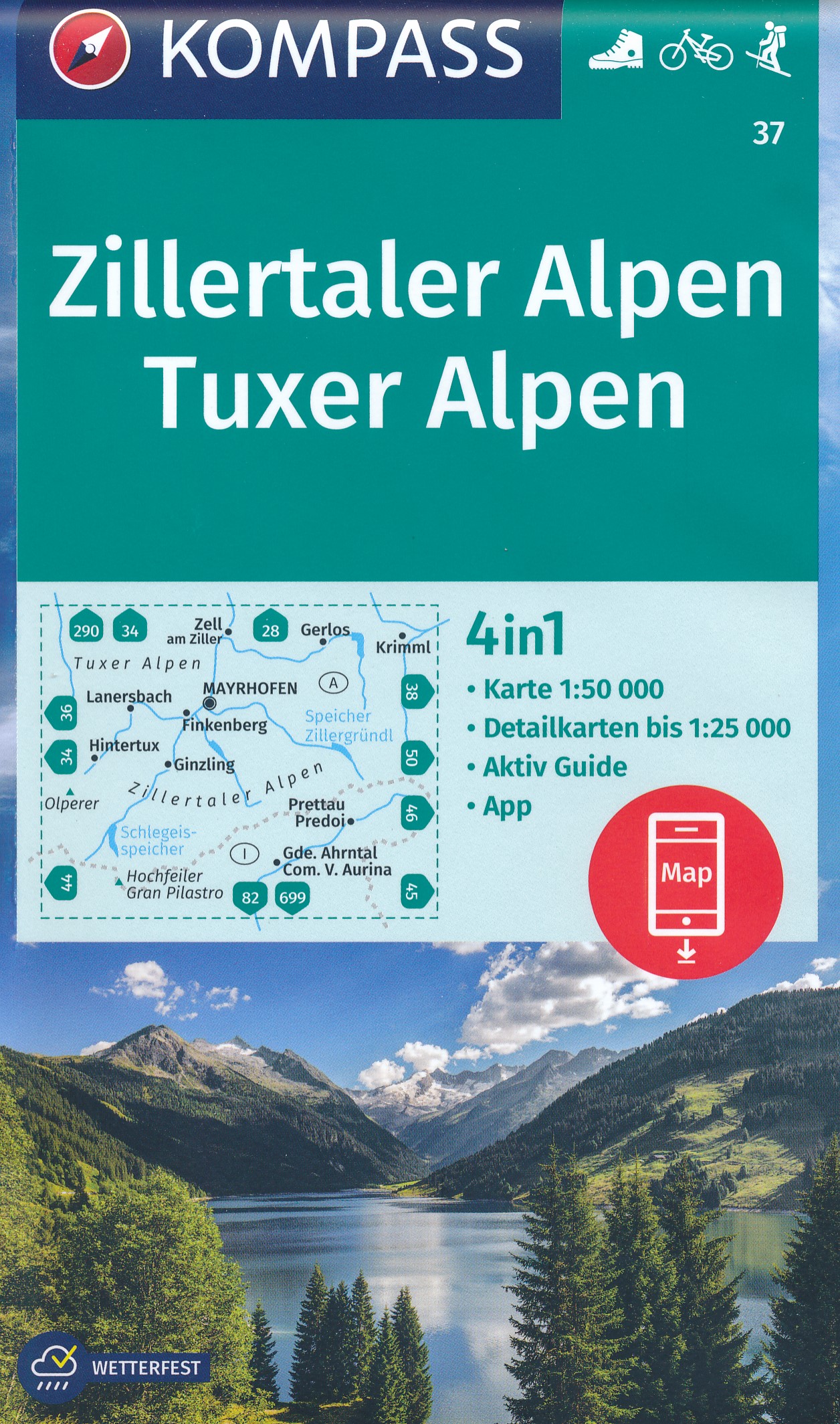 Online bestellen: Wandelkaart 37 Zillertaler Alpen - Tuxer Alpen | Kompass