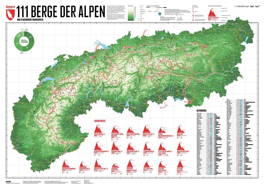 Online bestellen: Wandkaart 111 Berge der Alpen | 59.4 x 84.1 cm | Marmota Maps