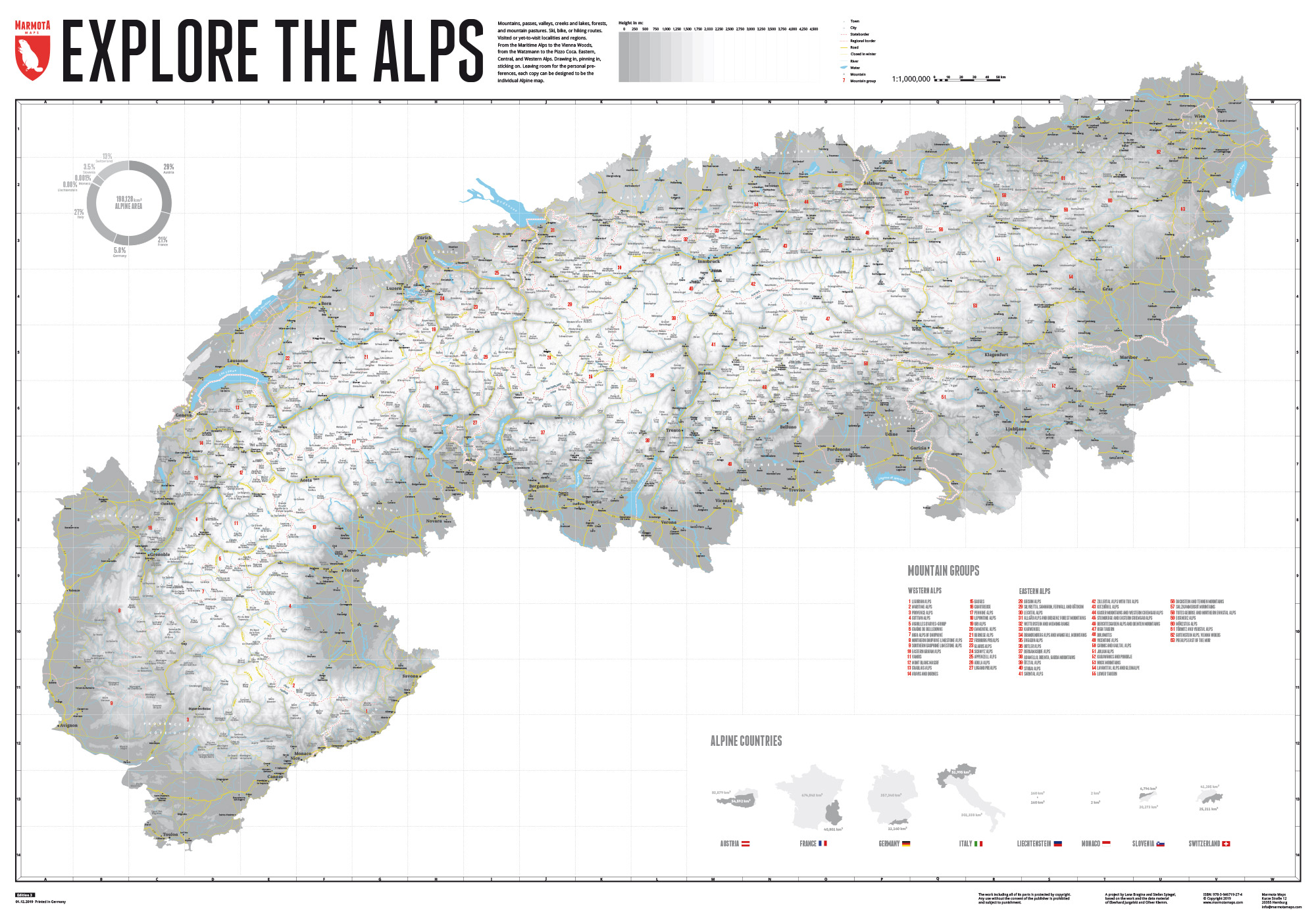 Online bestellen: Wandkaart Alpen Gestalten | 140 x 100 cm | Marmota Maps