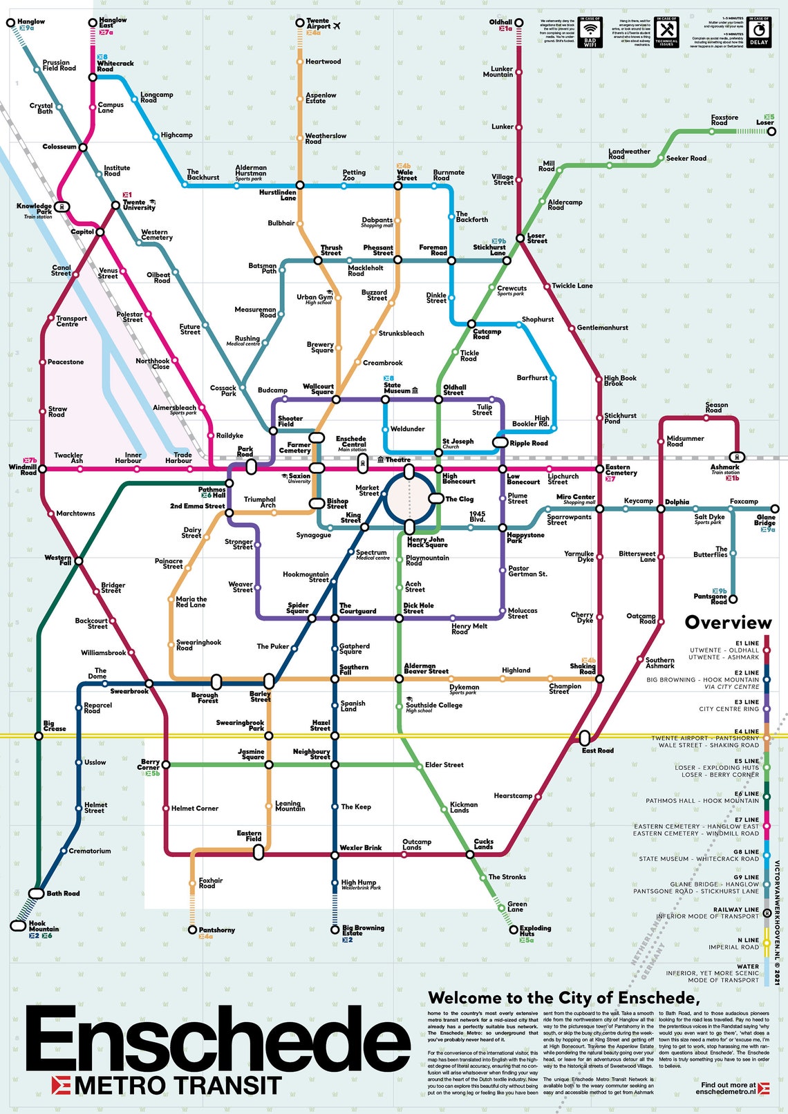 Online bestellen: Wandkaart - Stadsplattegrond Enschede Metro Transit Map - Metrokaart | Victor van Werkhoven