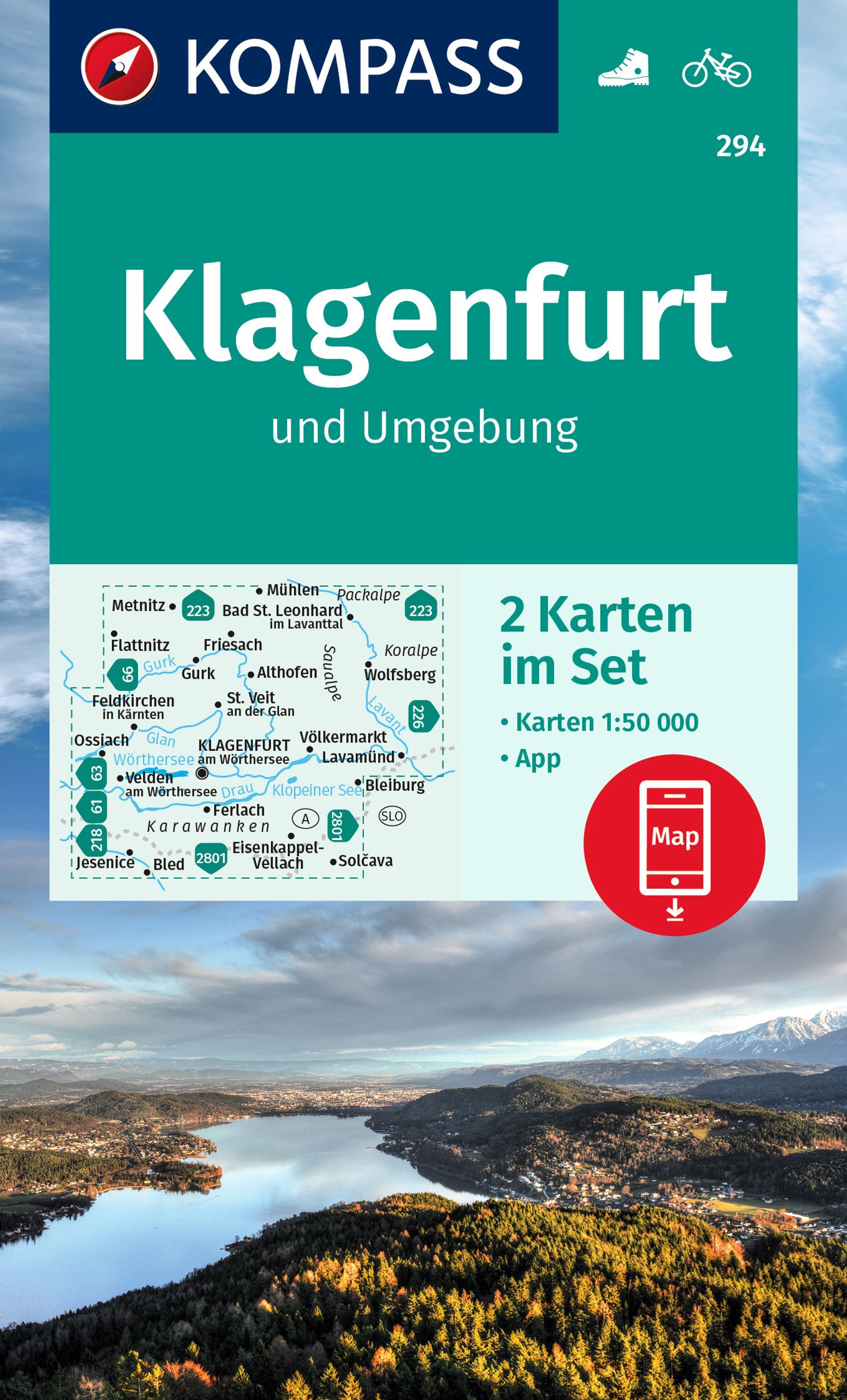 Online bestellen: Wandelkaart 294 Klagenfurt und Umgebung | Kompass