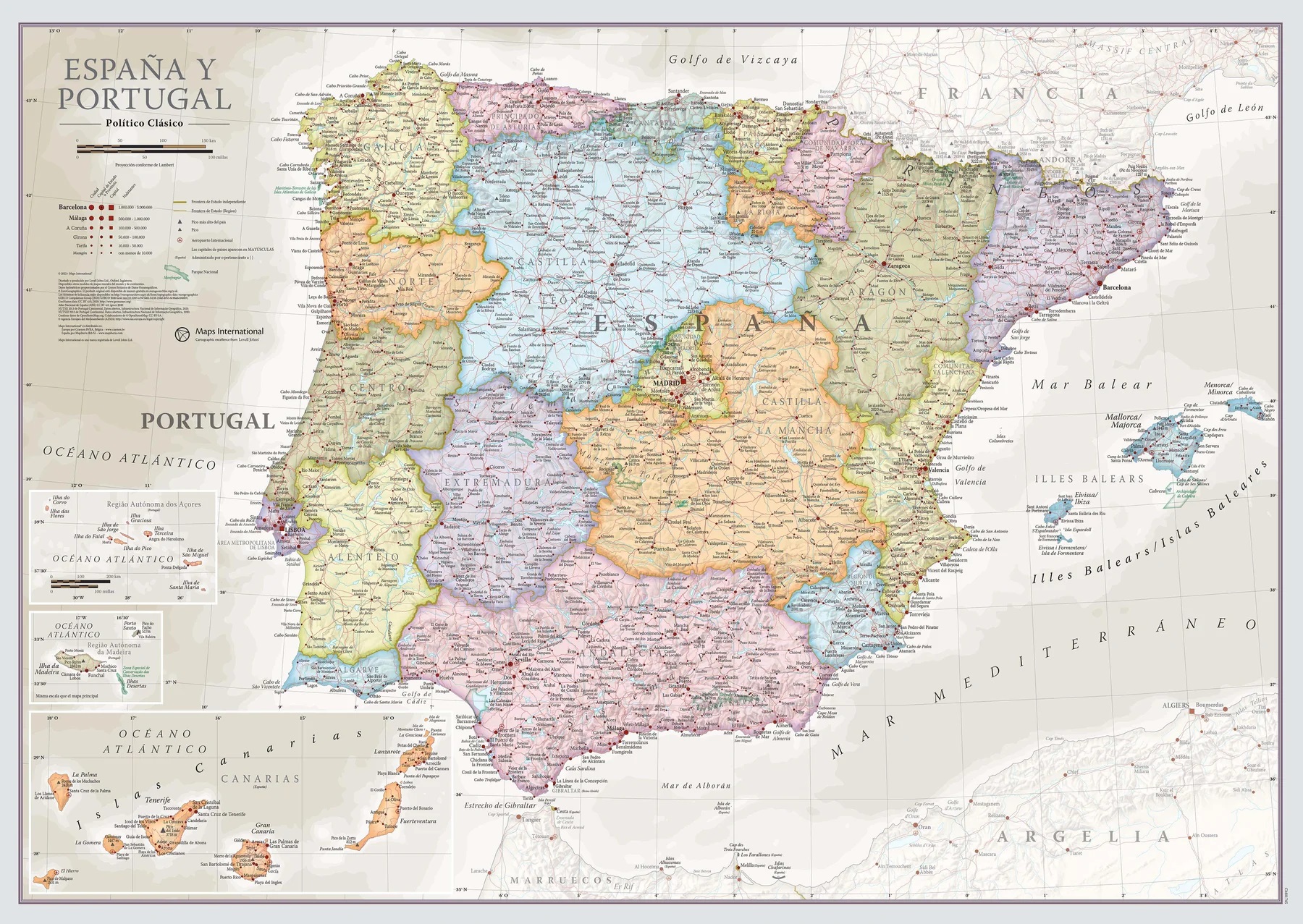Online bestellen: Wandkaart Classic Spanje & Portugal | 60 x 42 cm | Maps International