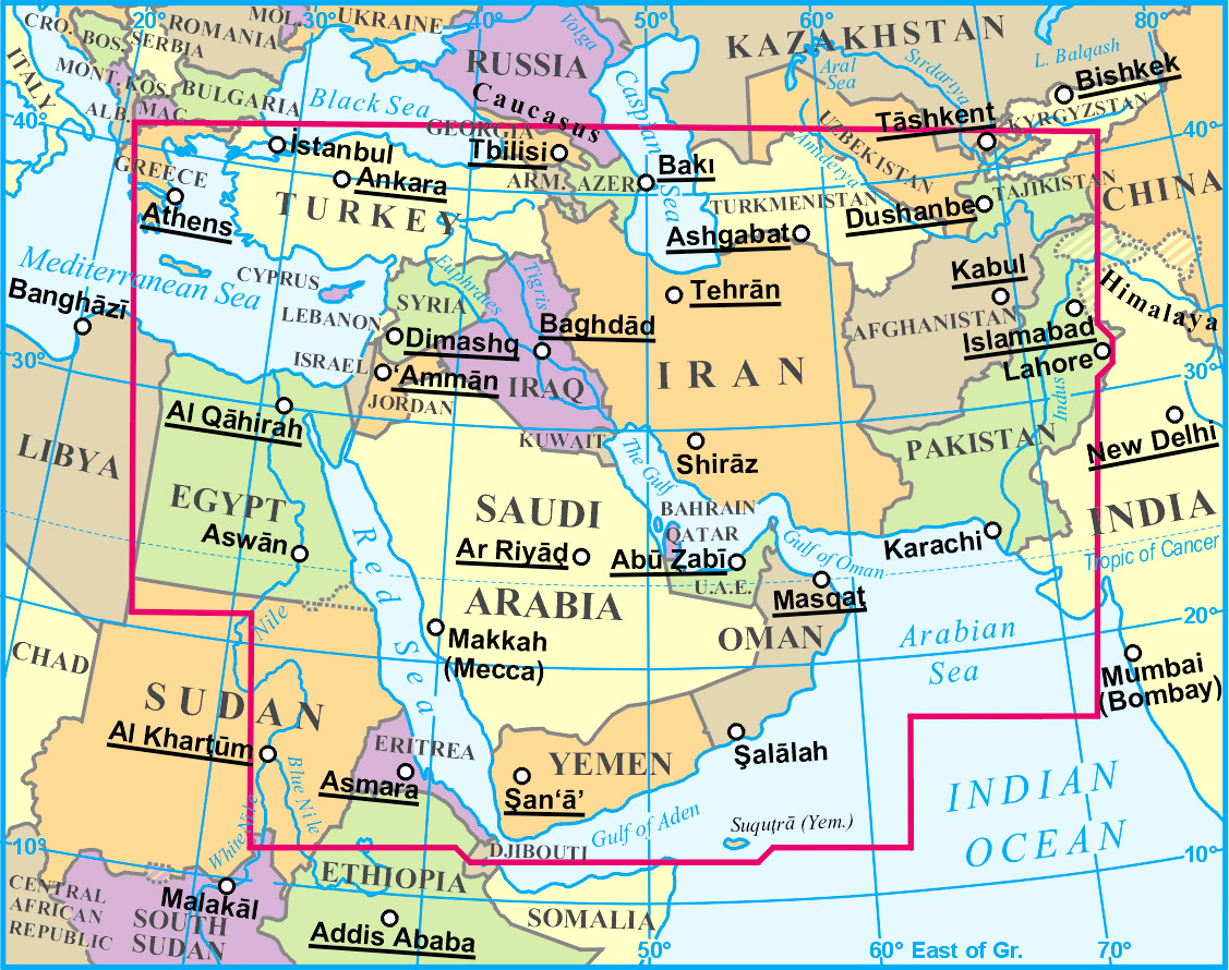 Midden Map Wegenkaart - landkaart Middle East Political - Midden-Oosten Politiek ...
