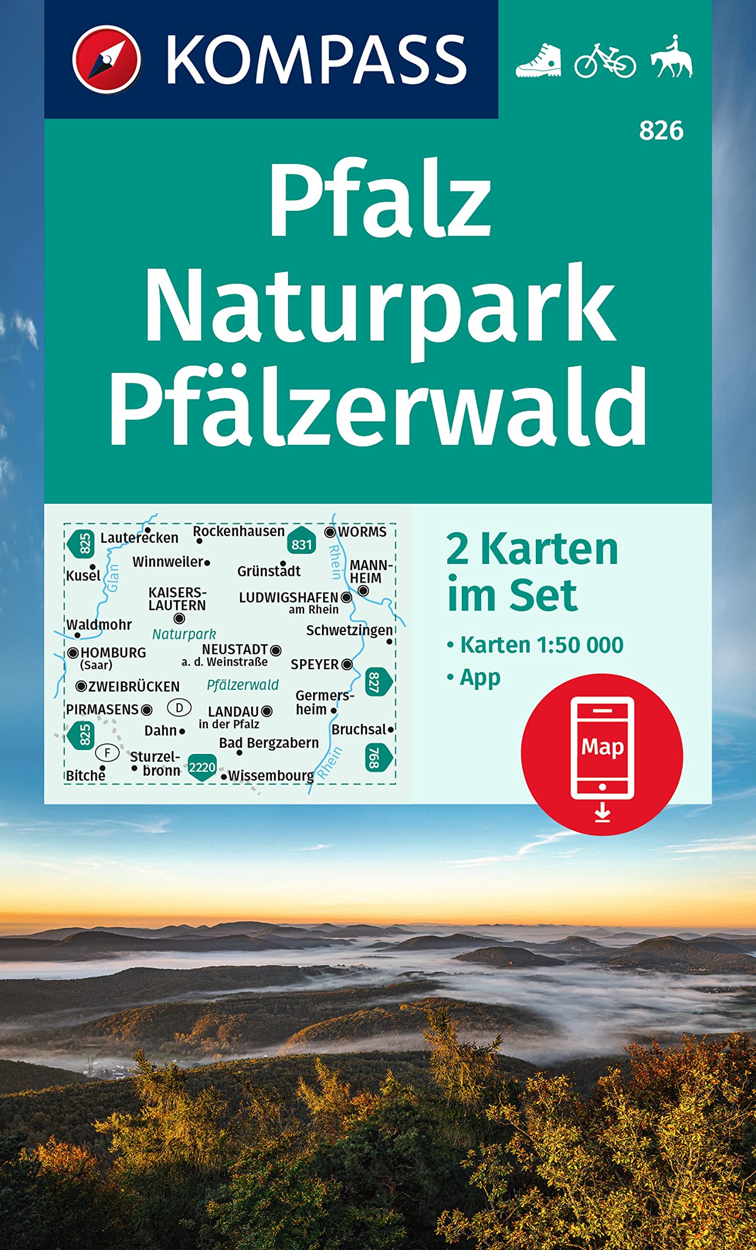 Online bestellen: Wandelkaart 826 Pfalz - Naturpark Pfälzerwald | Kompass