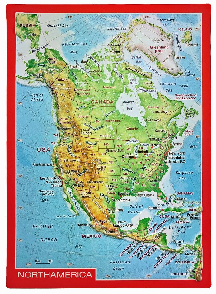 Ansichtkaart Amerika Noord met reliëf | GeoRelief