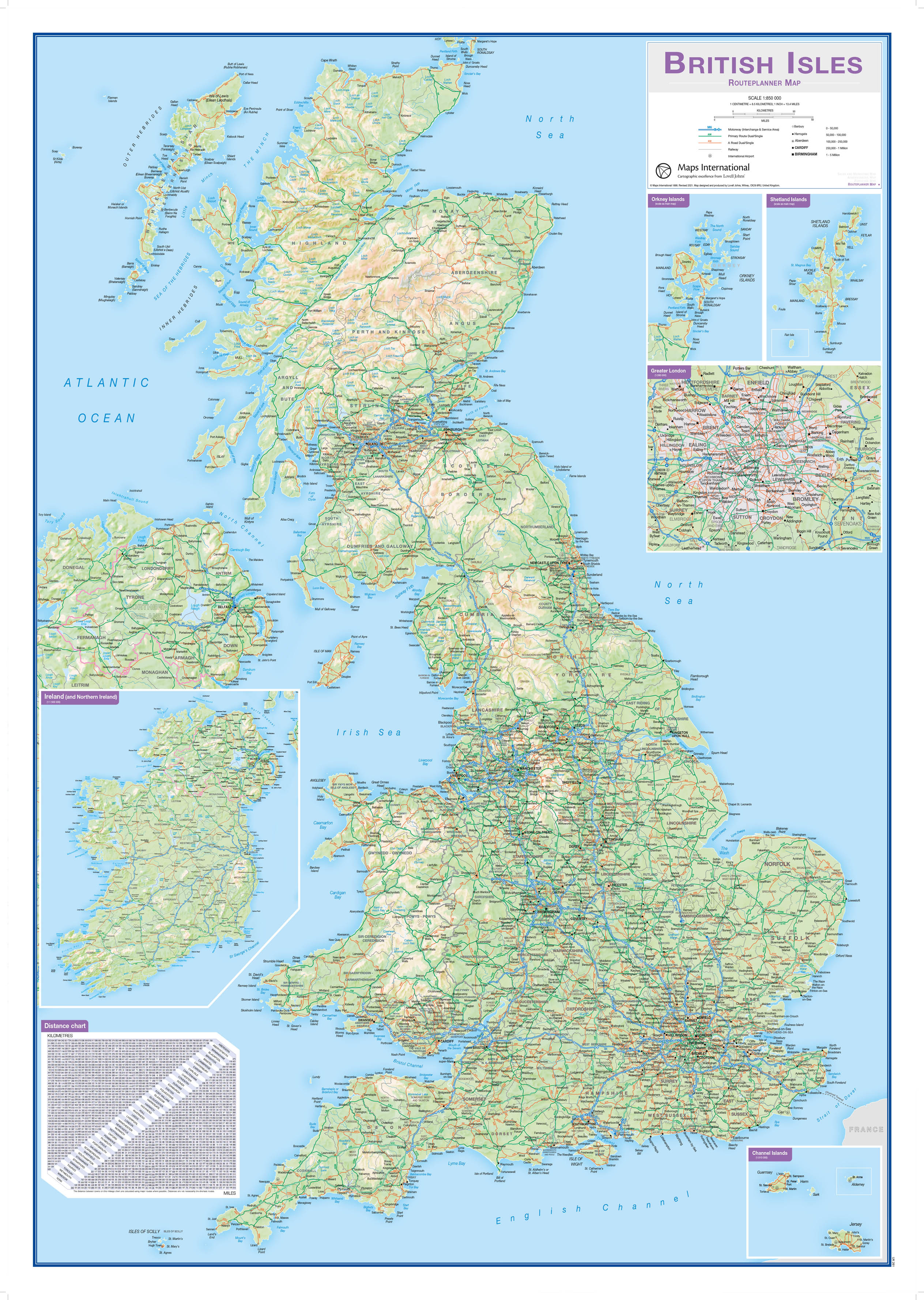 Wandkaart Engeland - British Isles roadplanning wall map | 84 X 119 cm