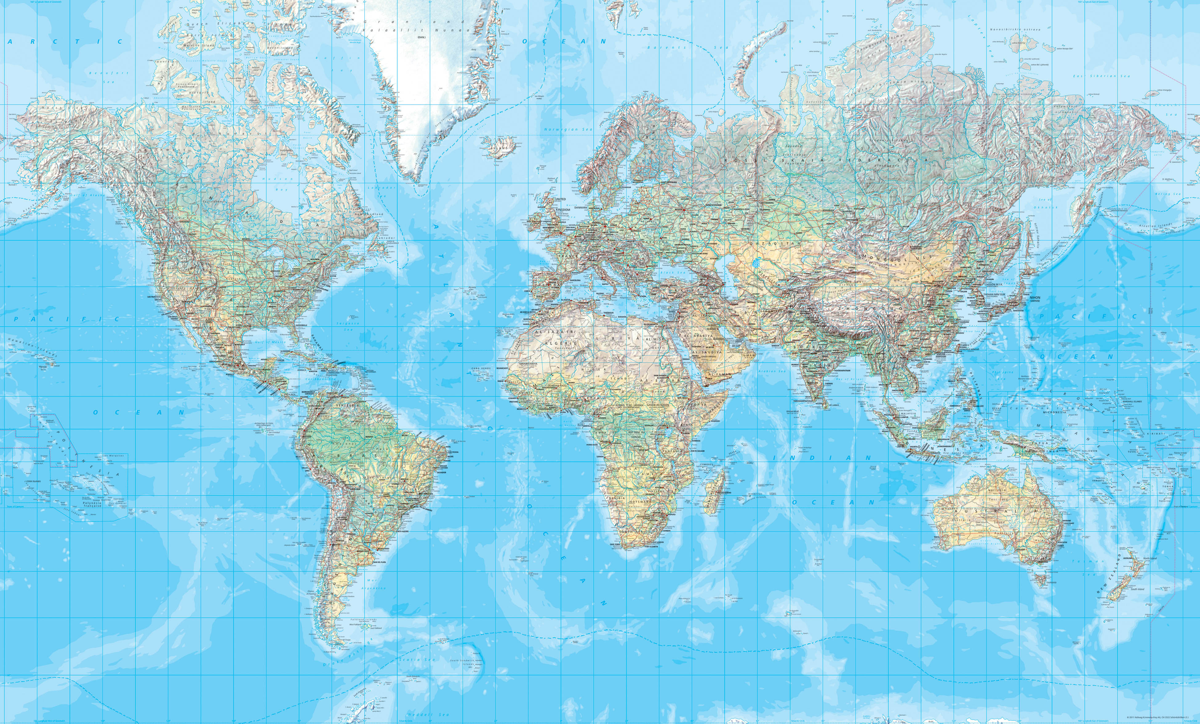 Wereldkaart World physical | 202 x 123 cm | Kümmerly & Frey