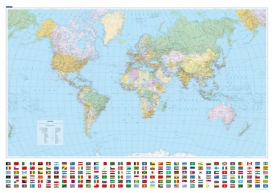 Wereldkaart World political | Met vlaggen | 140 x 100 cm | Kümmerly &