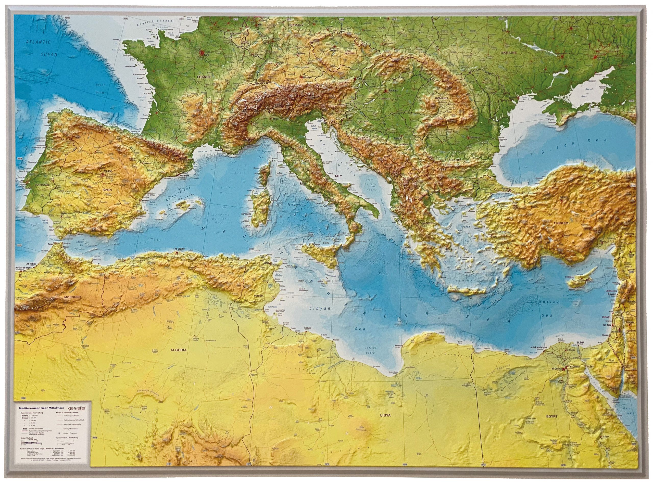 Reliëfkaart Milddellandse zee met voelbaar 3D reliëf | 77 x 57 cm | Ge