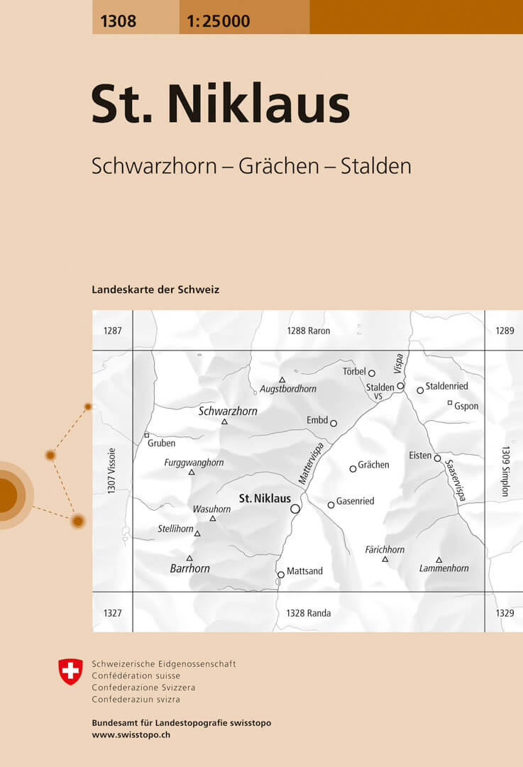 Online bestellen: Wandelkaart - Topografische kaart 1308 St. Niklaus | Swisstopo
