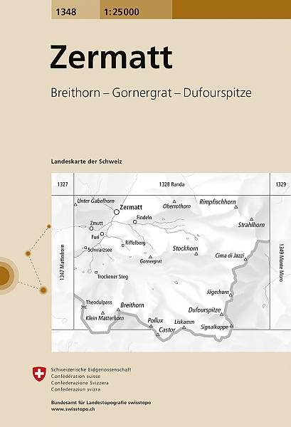 Online bestellen: Wandelkaart - Topografische kaart 1348 Zermatt | Swisstopo