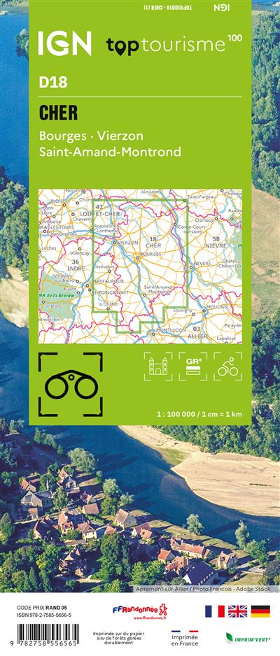 Fietskaart - Wegenkaart - landkaart D18 Top D100 Cher | IGN - Institut