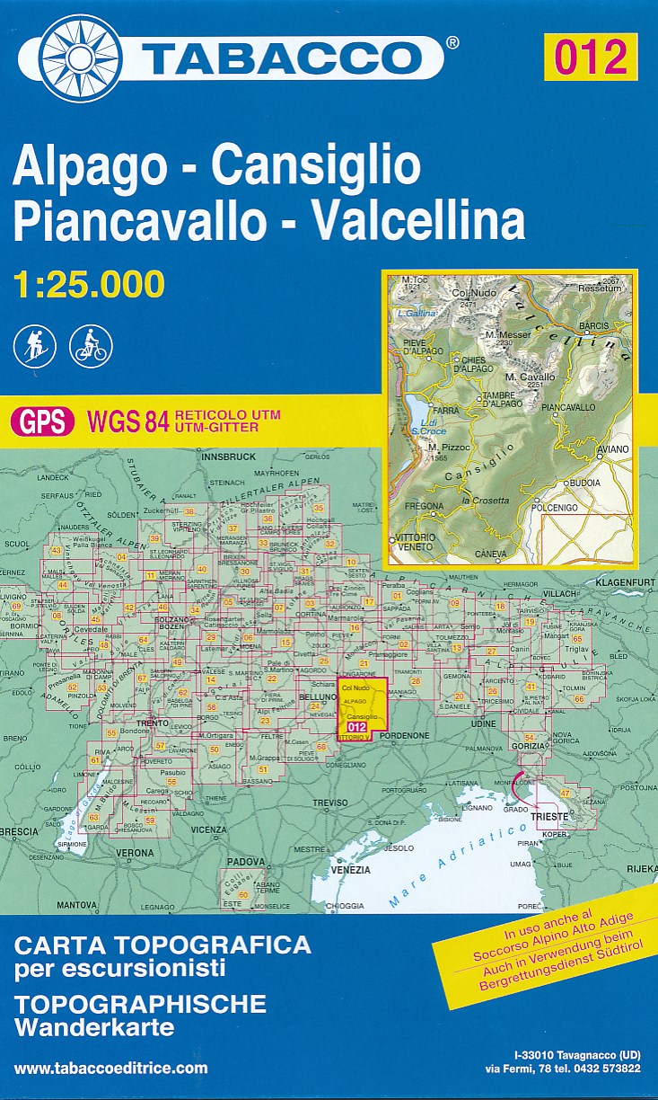 Online bestellen: Wandelkaart 012 Alpago - Cansiglio - Piancavallo - Valcellina | Tabacco Editrice