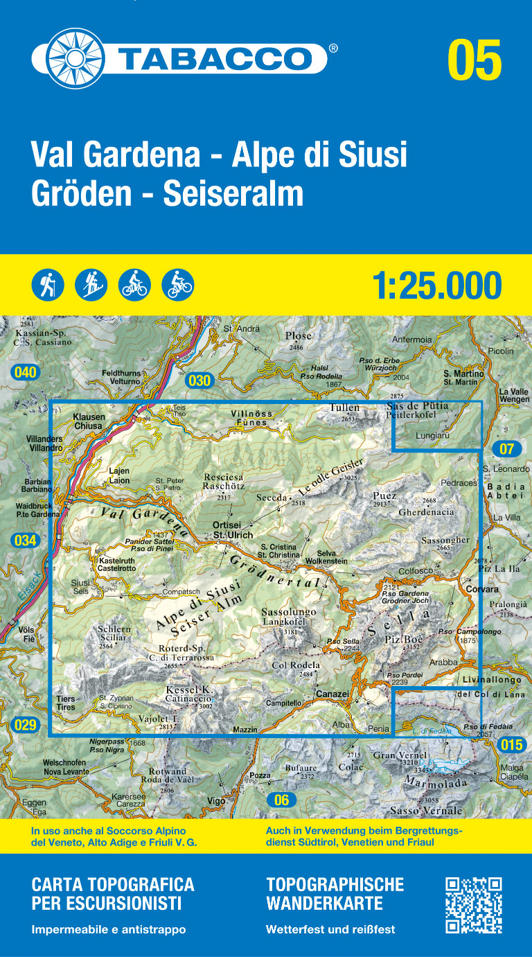 Online bestellen: Wandelkaart 005 Val Gardena - Alpe di Siusi - Gröden - Seiseralm | Tabacco Editrice