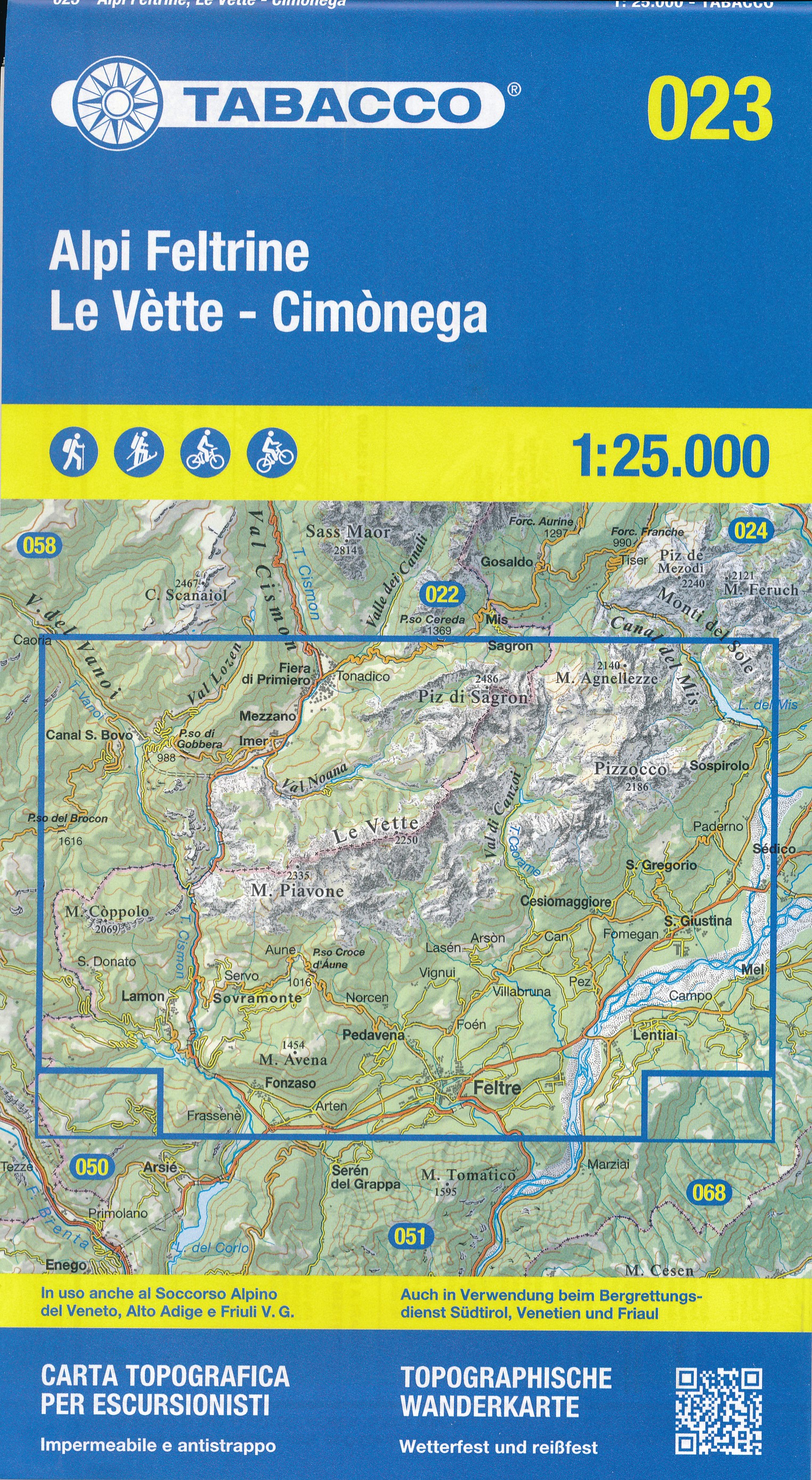 Online bestellen: Wandelkaart 023 Alpi Feltrine - Le Vètte - Cimònega | Tabacco Editrice