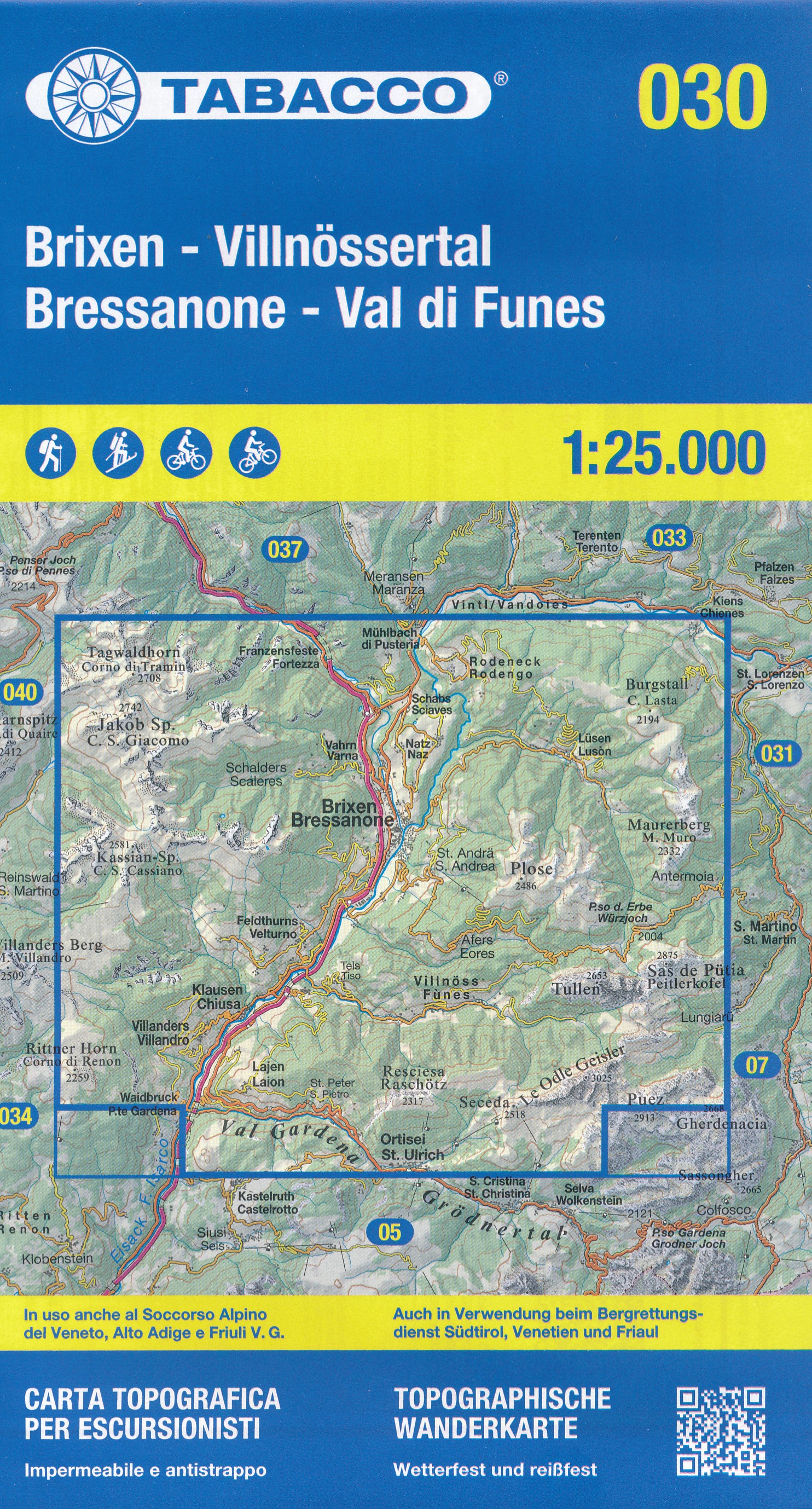 Online bestellen: Wandelkaart 030 Brixen - Villnössertal - Bressanone - Val di Funes | Tabacco Editrice