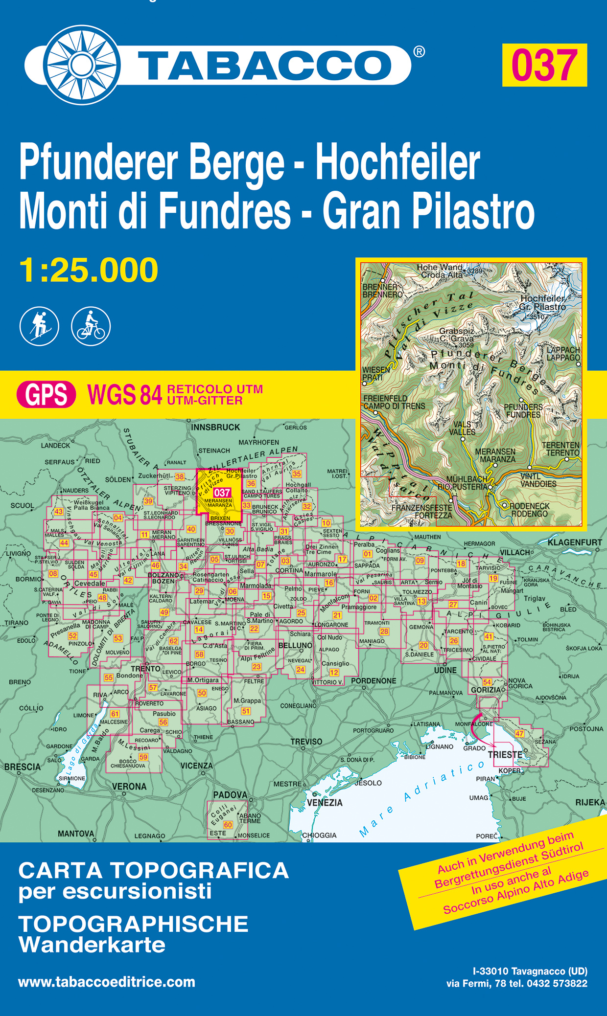 Online bestellen: Wandelkaart 037 Pfunderer Berge - Hochfeiler - Monti di Fundres - Gran Pilastro | Tabacco Editrice