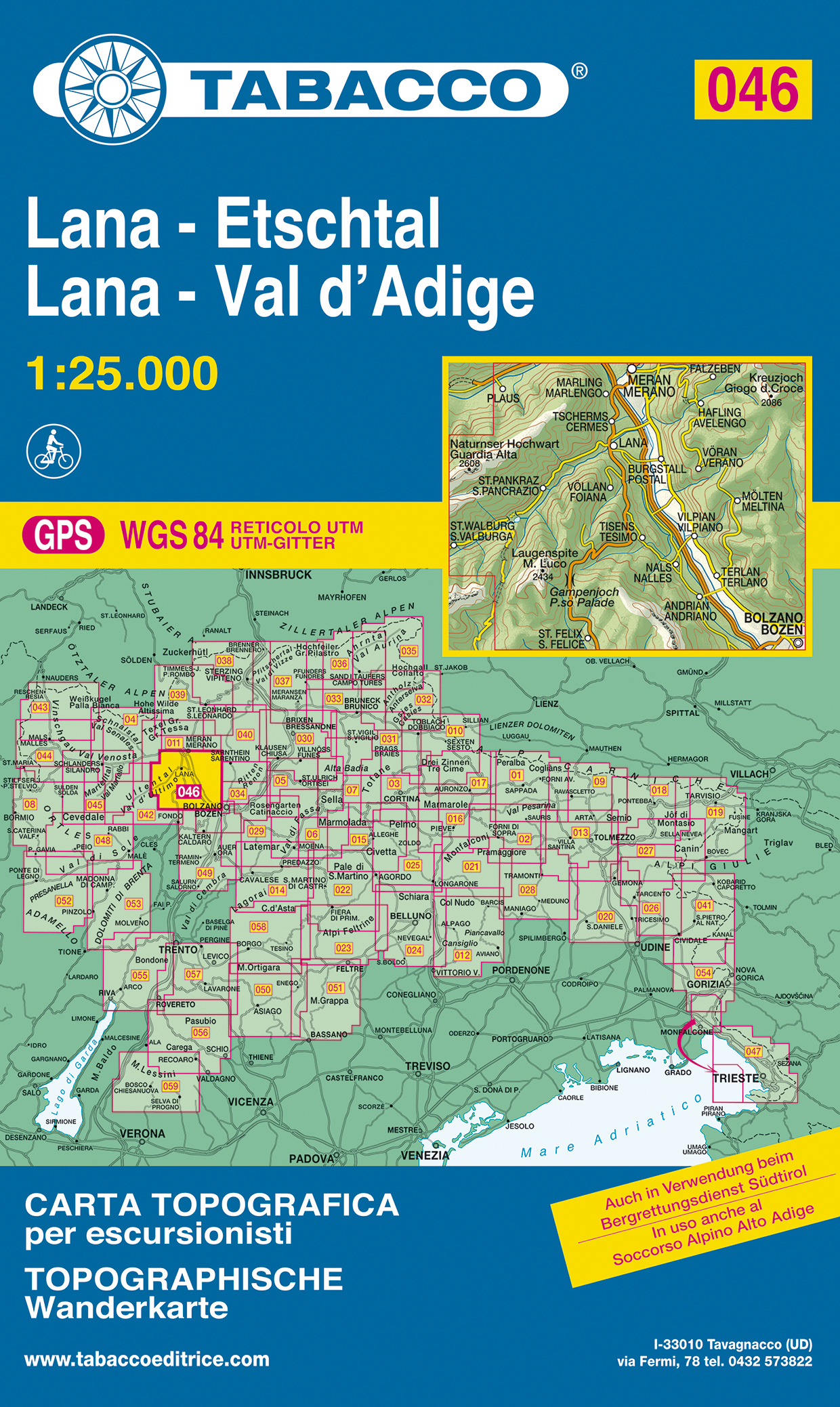 Online bestellen: Wandelkaart 046 Lana - Etschtal - Lana - Val d'Adige | Tabacco Editrice