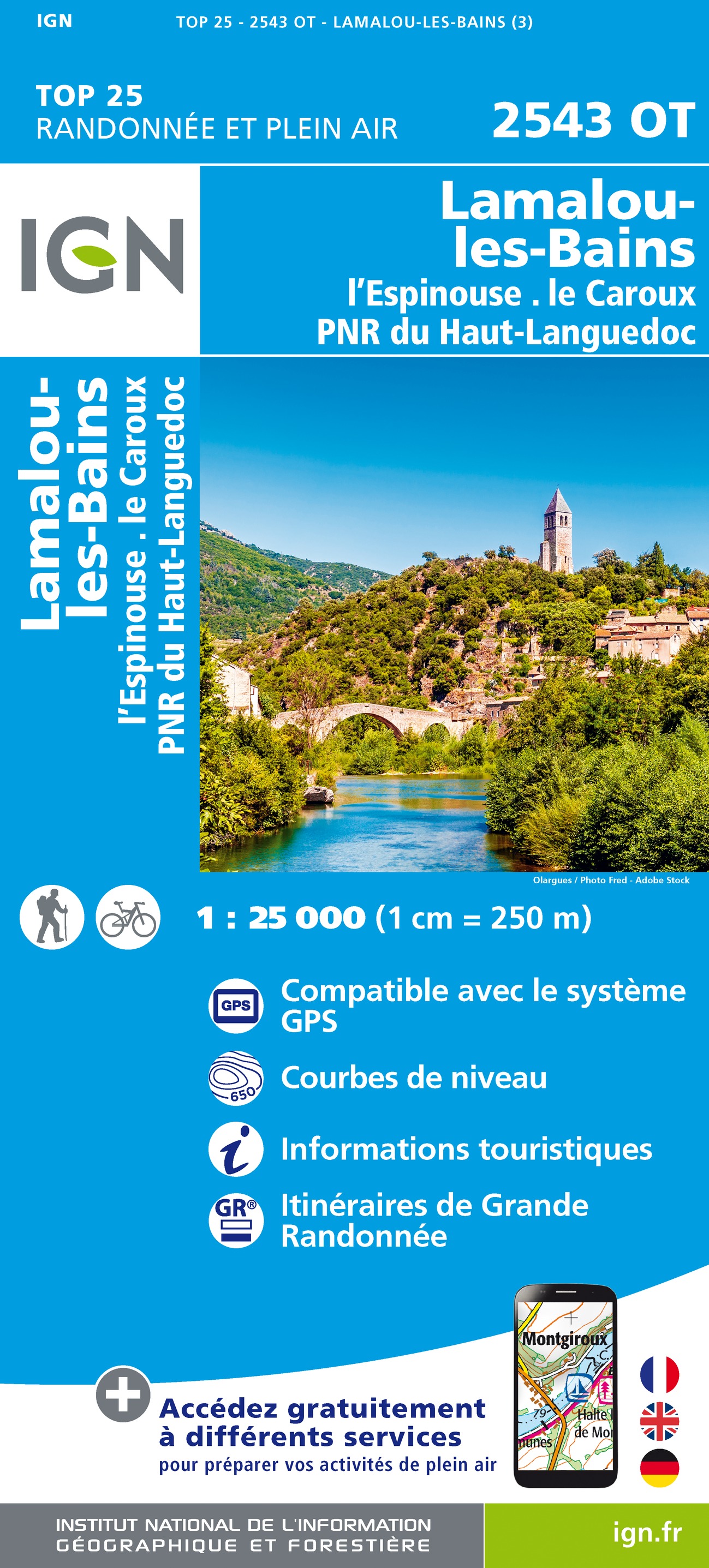 Online bestellen: Wandelkaart - Topografische kaart 2543OT Lamalou-les-Bains, Olargues, Roquebrun, Le Caroux, PNR du Haut Languedoc | IGN - Institut Géographique National