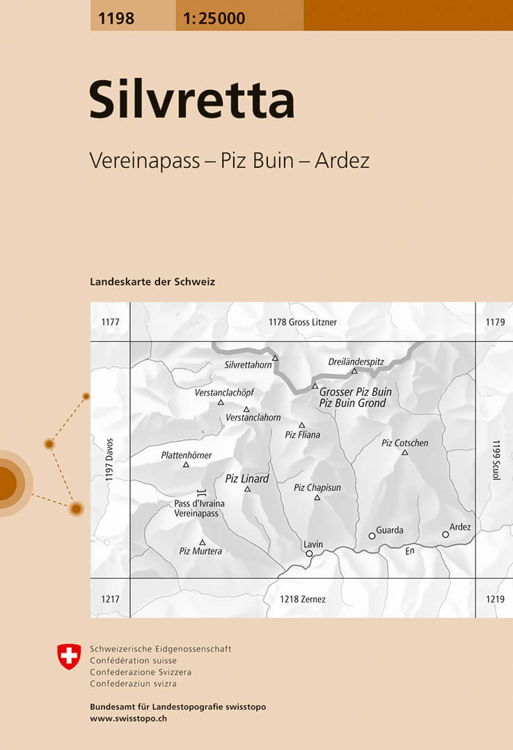 Online bestellen: Wandelkaart - Topografische kaart 1198 Silvretta | Swisstopo